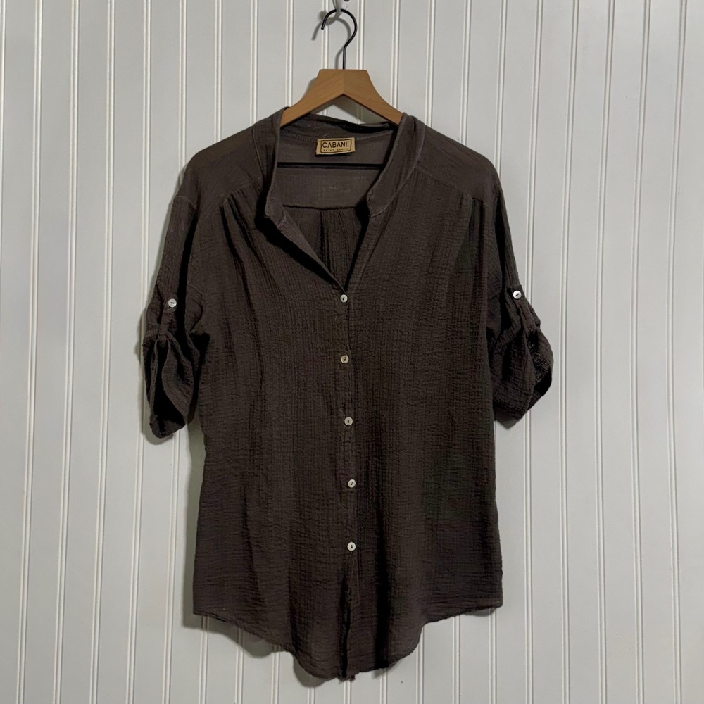 Cabane Saint Barth Womens L Button Up Tunic Shirt Cotton Brown Crinkle Lagenlook